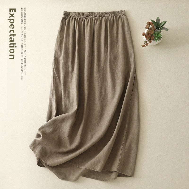 Pure Linen A-Line Mid-Length Skirt with Elastic Waist