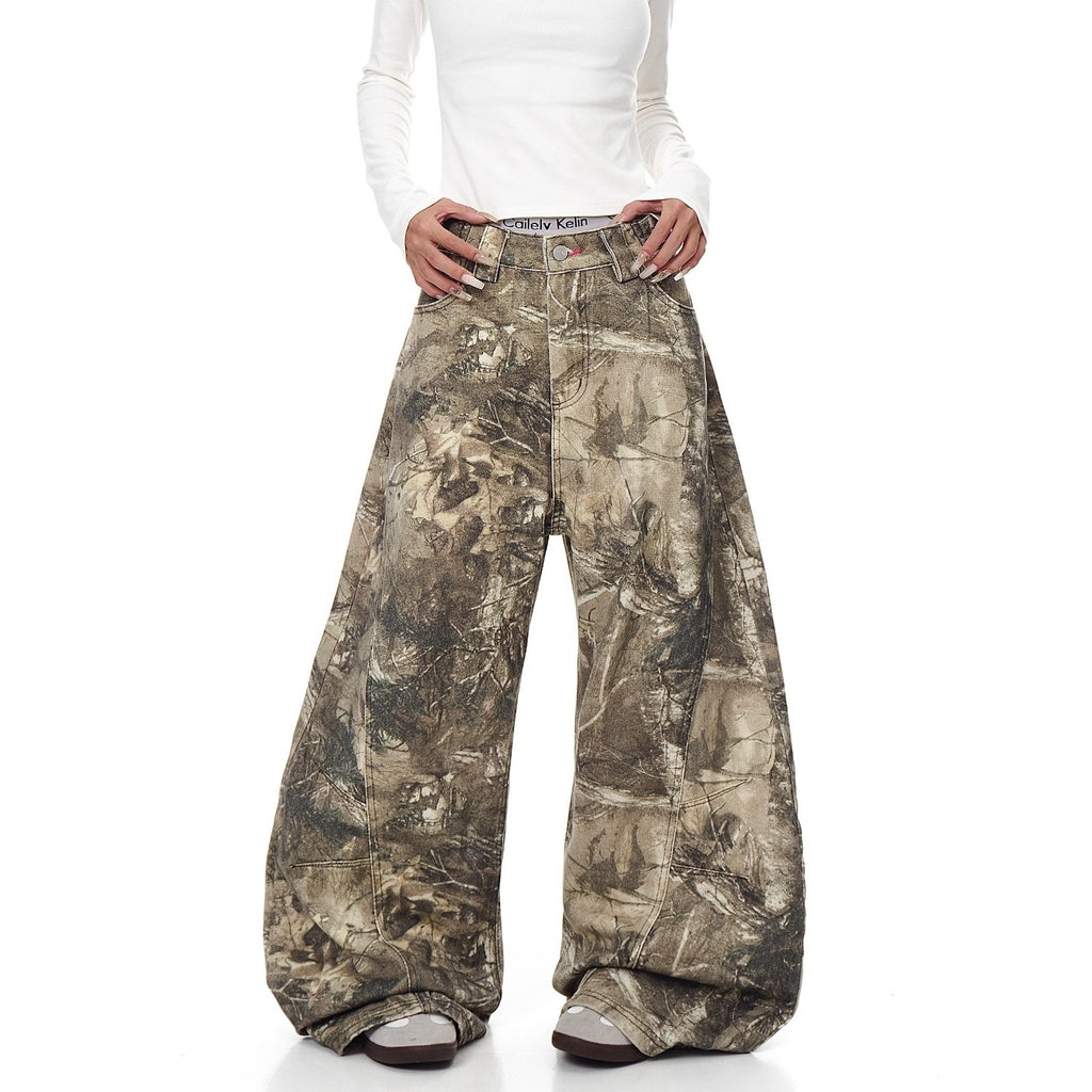 American Street Letter Embroidery Branch Camouflage Jeans for Men and Women