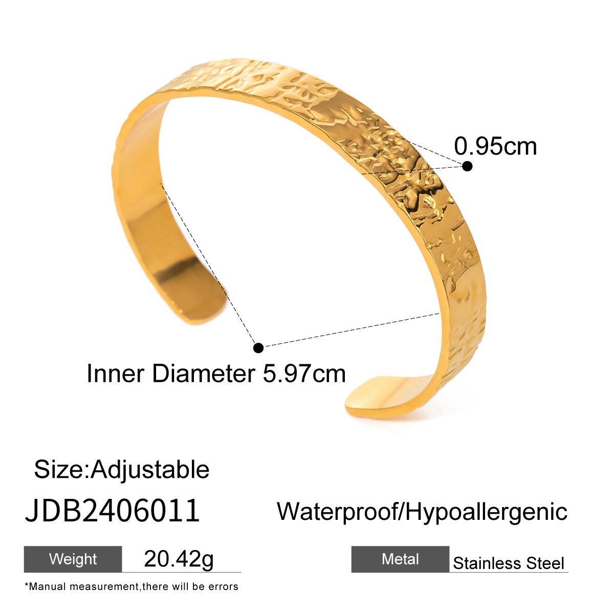 Gold Plated Stainless Steel Hammer Pattern Open Bracelet