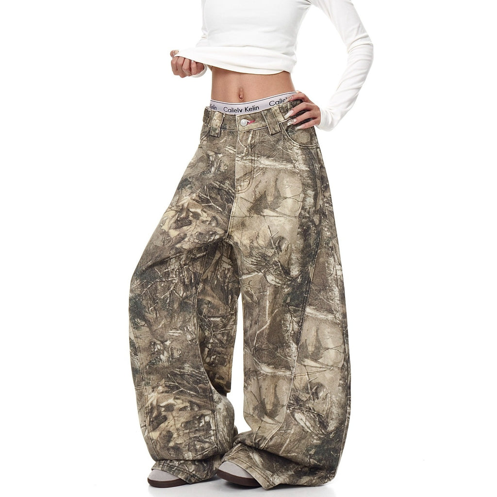 American Street Letter Embroidery Branch Camouflage Jeans for Men and Women