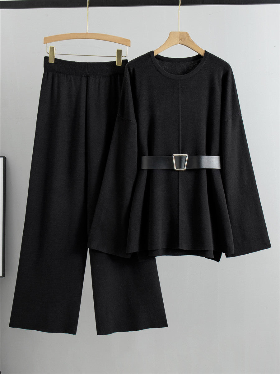 Elegant Womens Knit Sweater and Wide-Leg Pants Two-Piece Set