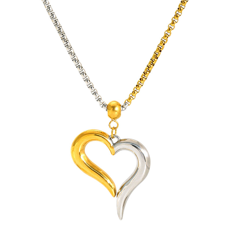Two-Tone Heart Pendant Pearl Chain Necklace